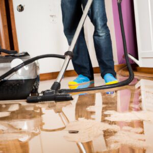 London emergency plumber hoovering up big puddle of water in house with a wet vac